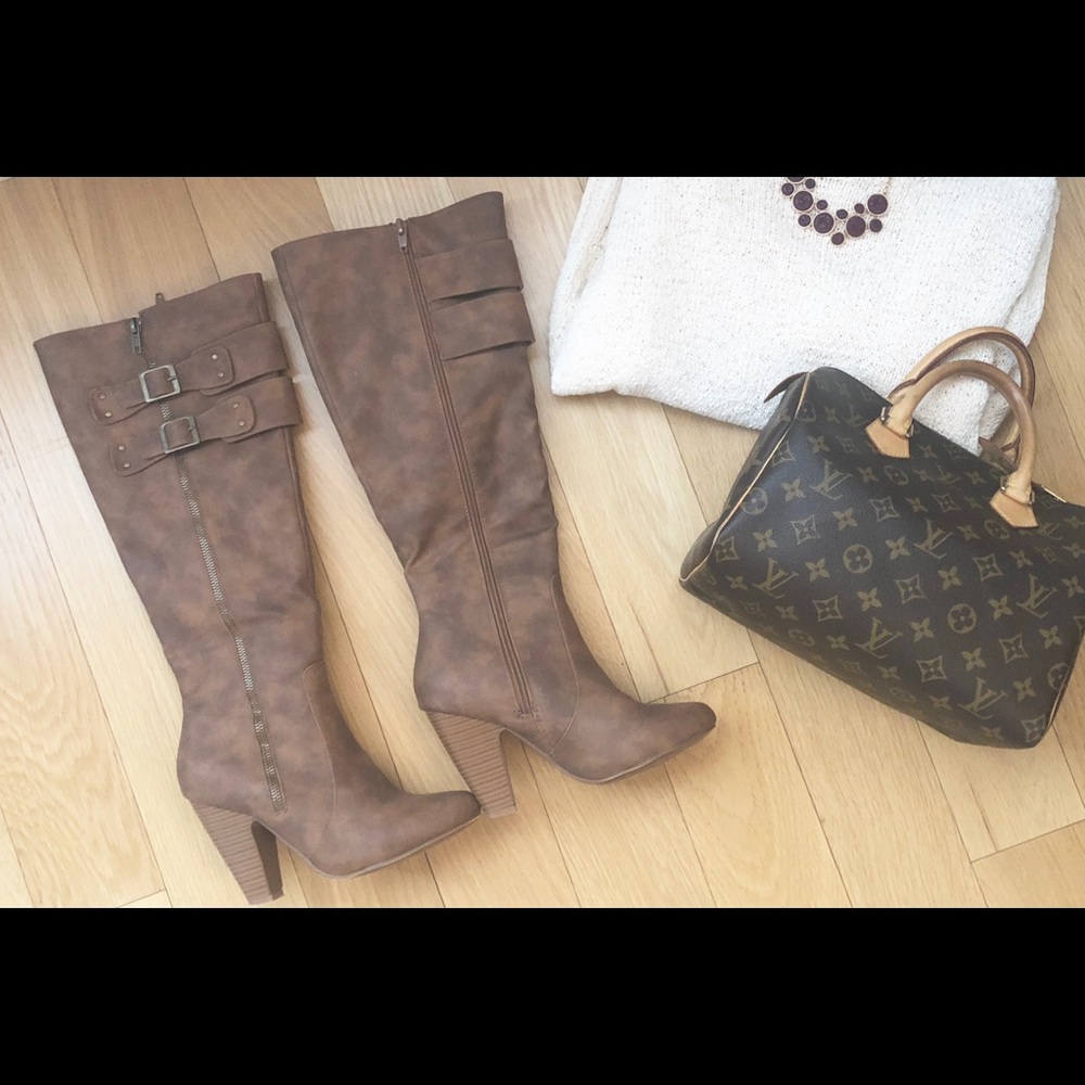 JustFab Brown Tan Cognac Tall Heeled Boots 👢